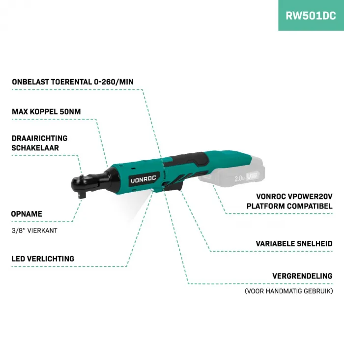 ACCU RATELSLEUTEL  20V  50NM – INCL. 8DELIGE DOPPENSET | EXCL. ACCU EN SNELLADER