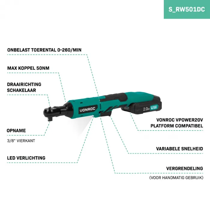 ACCU RATELSLEUTEL  20V  50NM – INCL. 8DELIGE DOPPENSET | INCL. 2.0AH ACCU EN SNELLADER