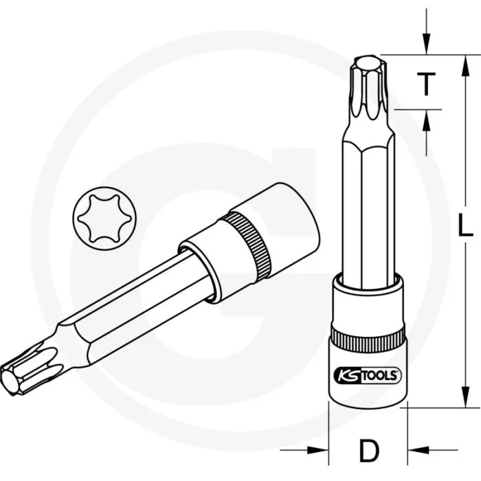 KS TOOLS 1/2" CHROMEPLUS® BITDOPSLEUTEL VOOR TXSCHROEVEN, LANG, KRACHT, T27  LANGE UITVOERING, HOOGGLANS VERCHROOMD